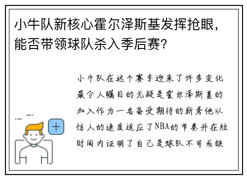 小牛队新核心霍尔泽斯基发挥抢眼，能否带领球队杀入季后赛？