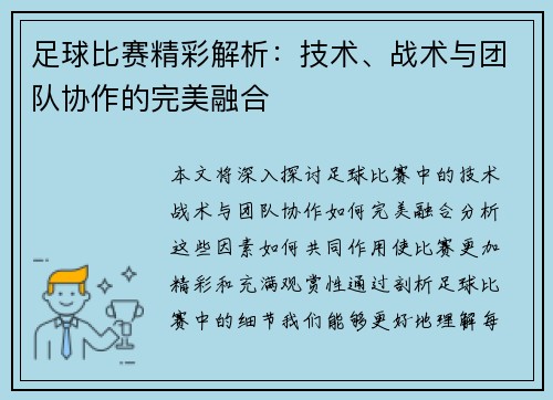 足球比赛精彩解析：技术、战术与团队协作的完美融合