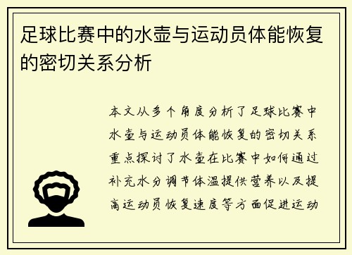 足球比赛中的水壶与运动员体能恢复的密切关系分析