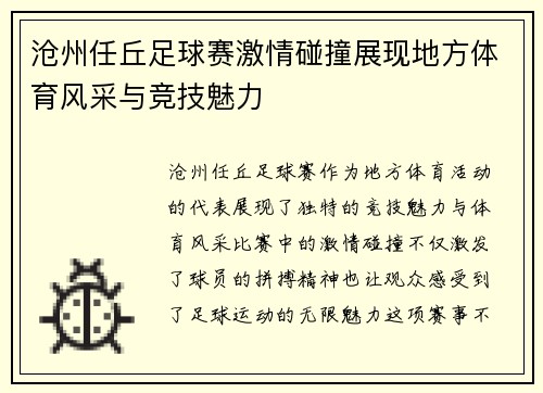 沧州任丘足球赛激情碰撞展现地方体育风采与竞技魅力