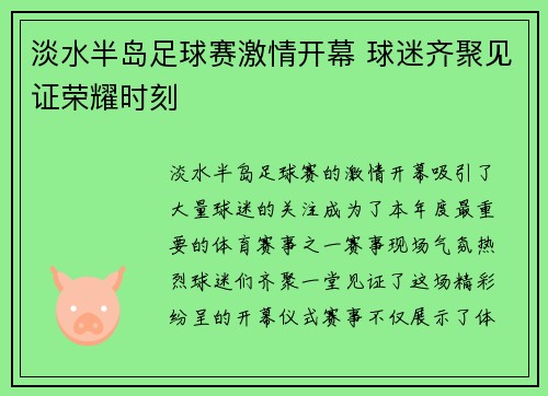 淡水半岛足球赛激情开幕 球迷齐聚见证荣耀时刻