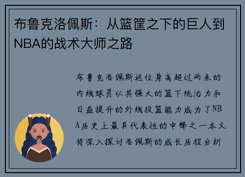 布鲁克洛佩斯：从篮筐之下的巨人到NBA的战术大师之路