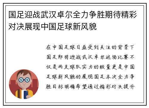 国足迎战武汉卓尔全力争胜期待精彩对决展现中国足球新风貌