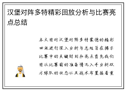 汉堡对阵多特精彩回放分析与比赛亮点总结