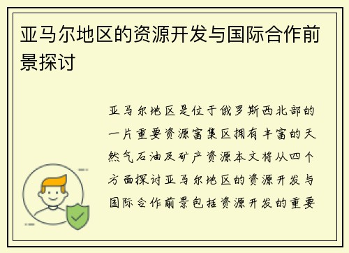 亚马尔地区的资源开发与国际合作前景探讨