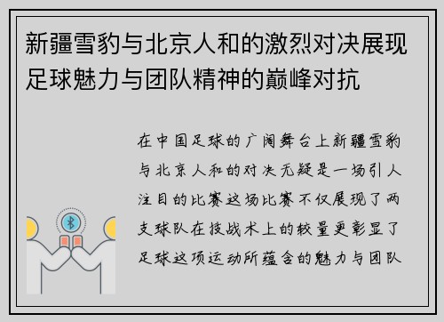 新疆雪豹与北京人和的激烈对决展现足球魅力与团队精神的巅峰对抗