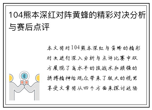 104熊本深红对阵黄蜂的精彩对决分析与赛后点评