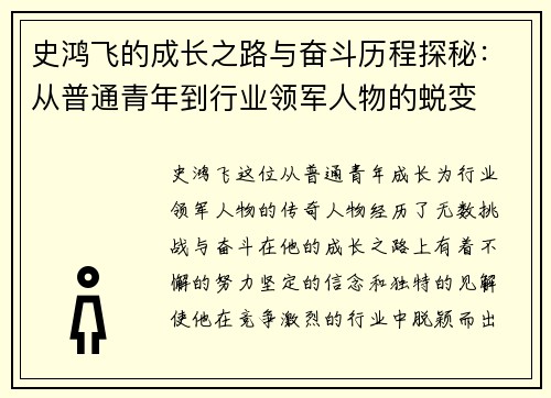 史鸿飞的成长之路与奋斗历程探秘：从普通青年到行业领军人物的蜕变